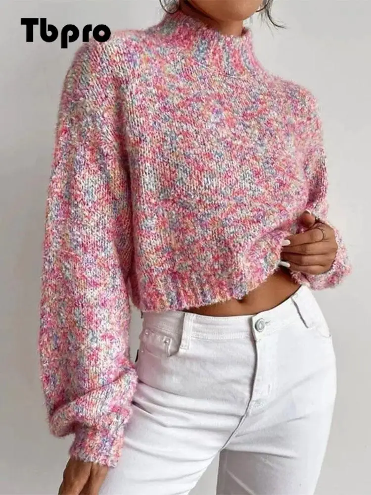 

Женский короткий светильник тер с высоким воротником, легкий вязаный пуловер с длинным рукавом, осень 2022