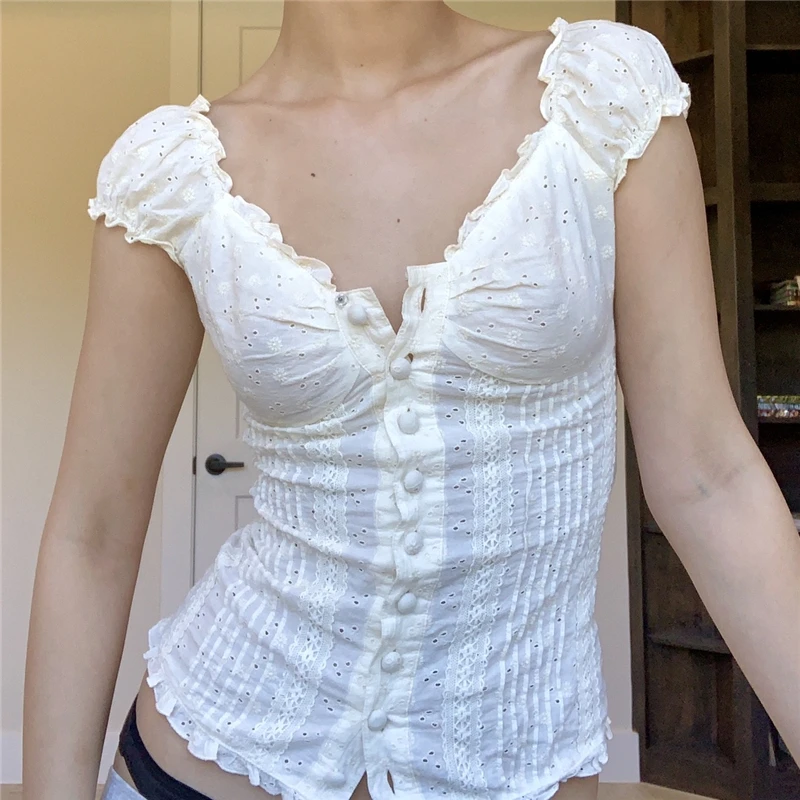 

White Corset Top 2000s T-Shirts Lace Trim Vintage Harajuku Button V Neck Slim Pullovers Tees y2k Top