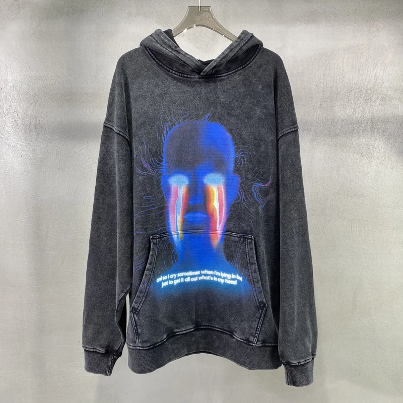 

2023 Streetwear Distressed Men Hoodie Hip Hop Digital Soul Crying Print Sweatshirts Vintage Wash Heavy Fabric Pullover Oversize