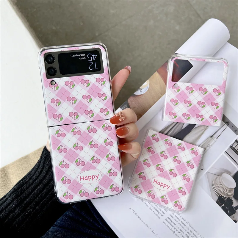 

Creative Personality Lattice Cherry Phone Case for Samsung Galaxy Z Flip 3 5G Hard PC Back Cover for ZFlip3 Case Protective Case