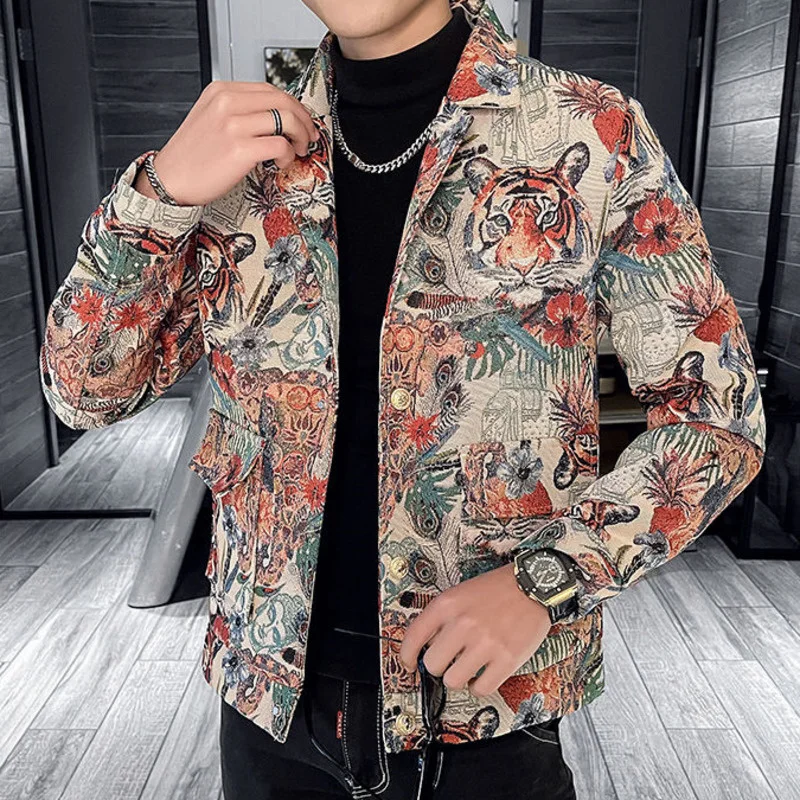 

Quality High Men's Blazer Jacket Fashion Tiger Print Slim Casual Jacket Lapel Single Breasted Business Social Coats Streetwear