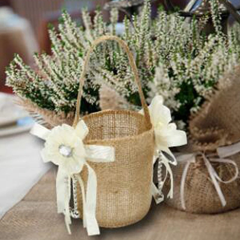 

Burlap Flower Girl Basket Linen Handle Vintage The Maid Of Honor Flower Basket For Rustic Wedding Party Ceremony