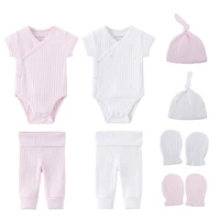 newborn solid baby boy clothes sets cotton bodysuitspantshatsgloves baby girl clothes unisex short sleeve summer