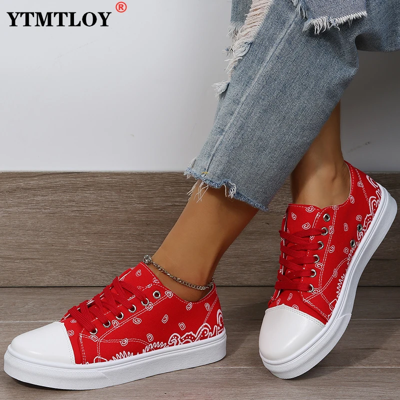 

Кроссовки Женская обувь 2022 холщовая обувь с узором Повседневная женская спортивная обувь на плоской подошве со шнуровкой для взрослых ...