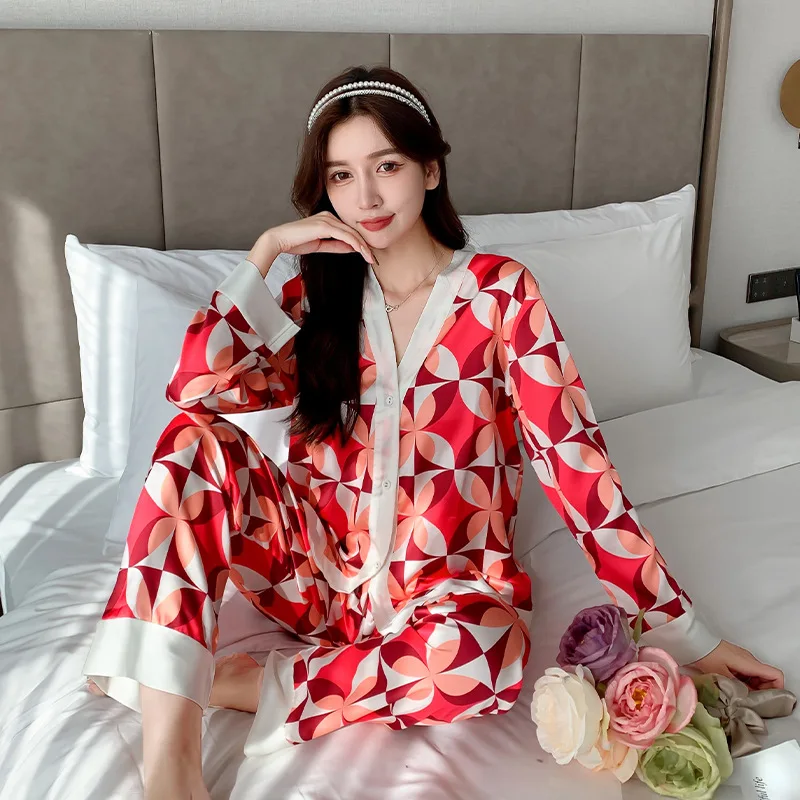 PICKBIRD Pajamas women's spring and autumn thin ice silk long-sleeved cardigan suit can be worn outside the net red home clothes