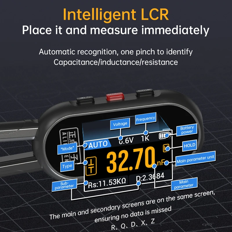 Фото ALIENTEK LT1 Умный LCR-пинцет с автоматическим определением ESR/EPR, точность 0.1%, поворотный экран, портативный профессиональный электронный измерительный прибор №4