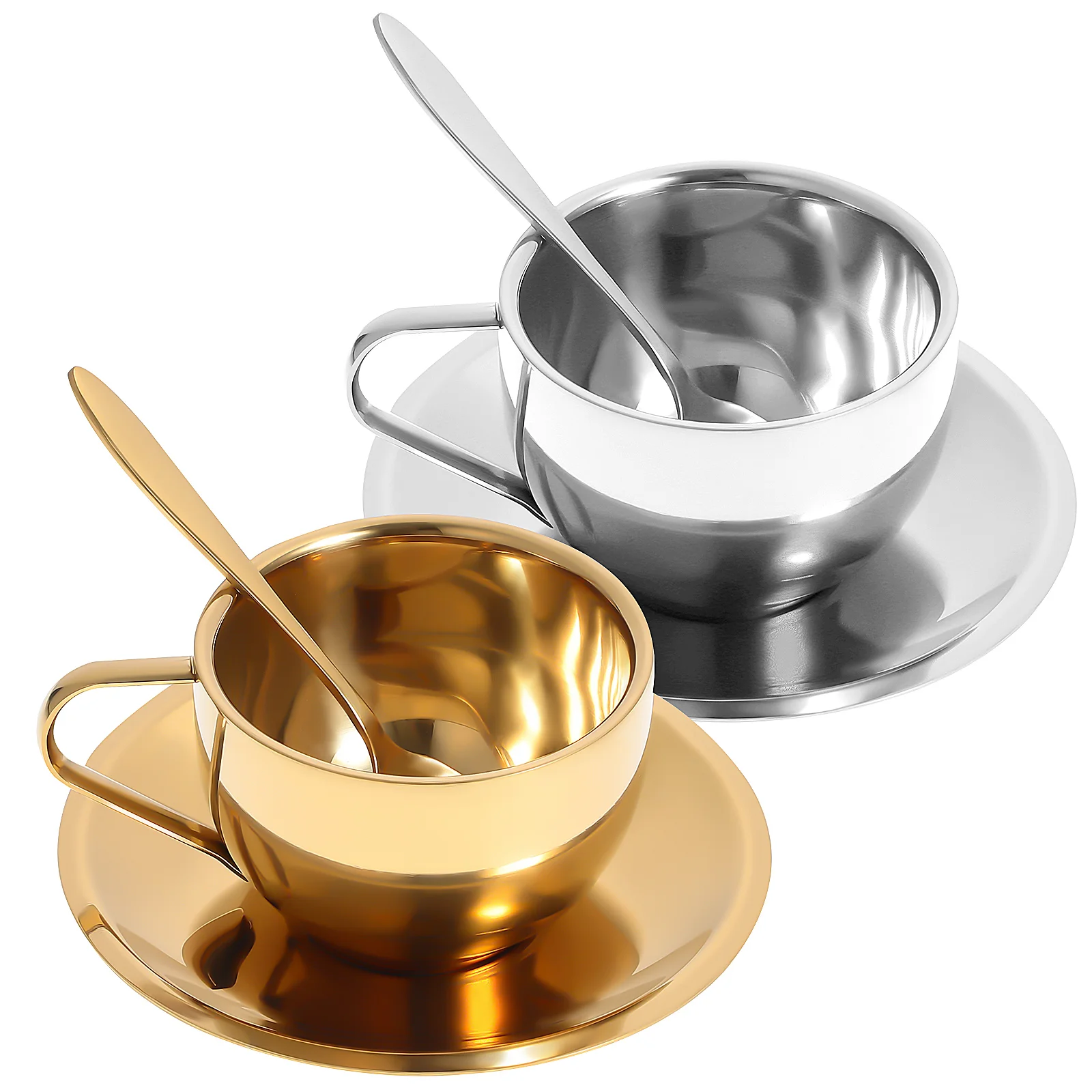 

2 Sets of Stainless Steel Coffee Cups European Style Tea Mugs with with Saucer and Spoon