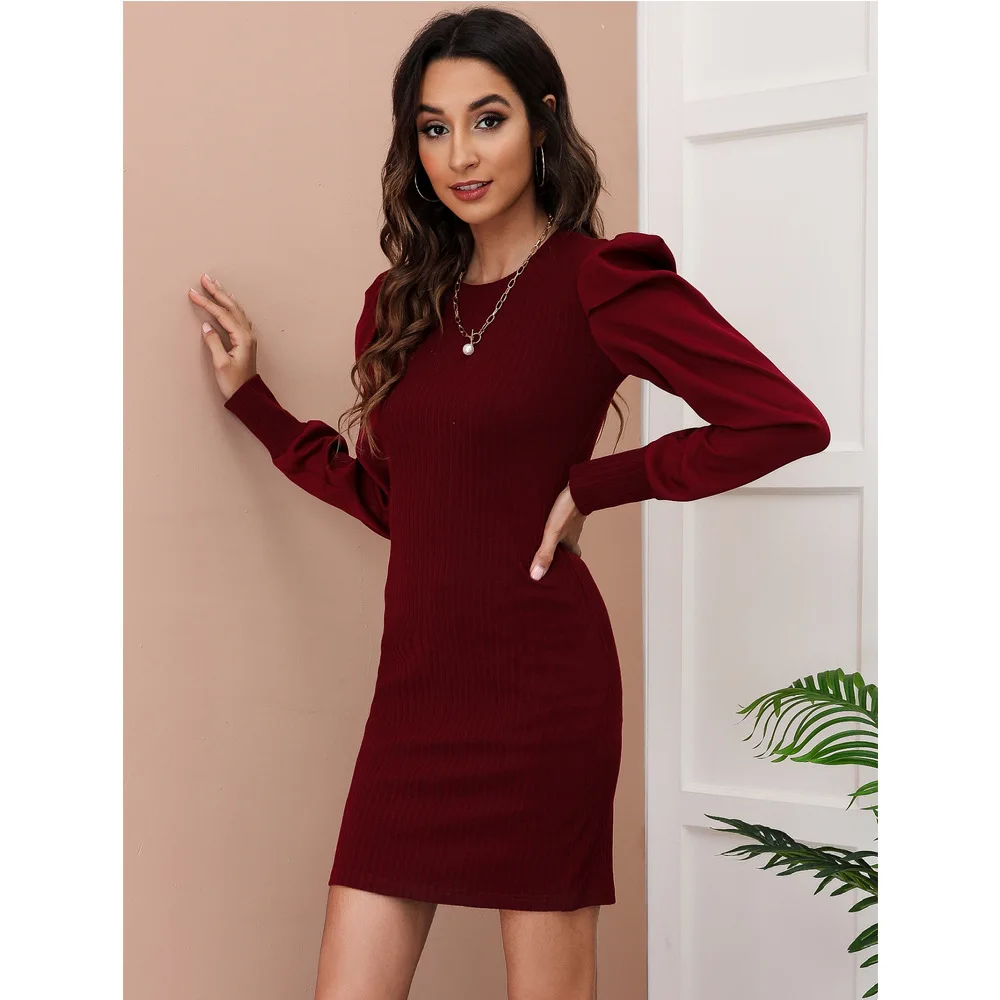 

Autumn and Winter 2021 New Women's Dress Solid Color Round Neck Slim Fit Splicing Dress Skirt