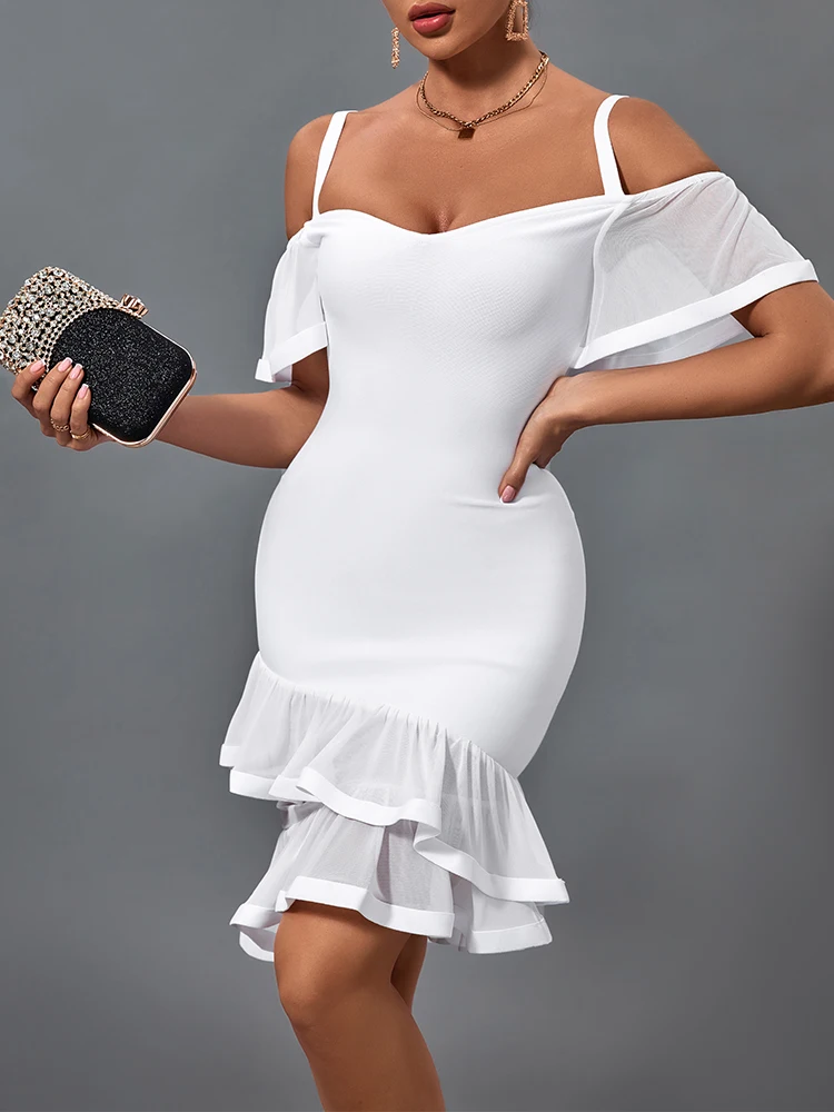 

Mesh Fluted Bandage Dress 2022 Women White Bandage Dress Elegant Sexy Evening Club Party Dress High Quality Summer Outfits