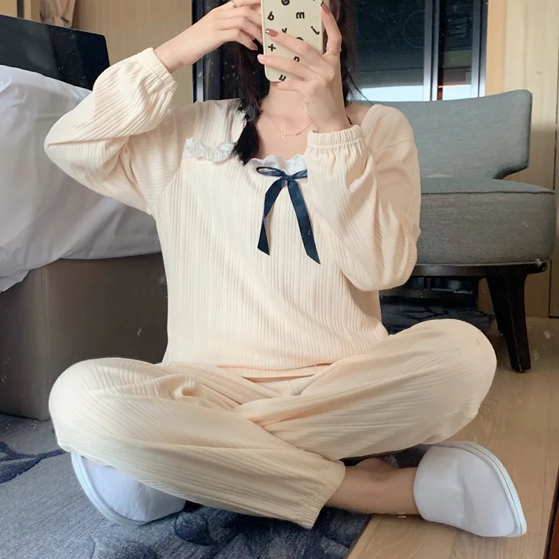 Ins Loose Spring Autumn Pajamas Set Ladies Long Sleeve Pant Suit Student Home Wear Clothes Cotton Women Sleepwear Pijamas Mujer