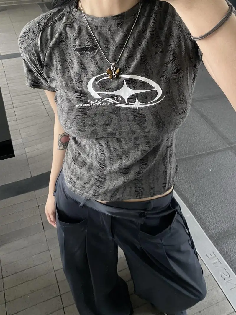 

Tie Dyed Gray Hole High Street American Tees Short Sleeve Retro Letter Women Punk Style O Neck Y2k Summer Crop Tops Camisetas