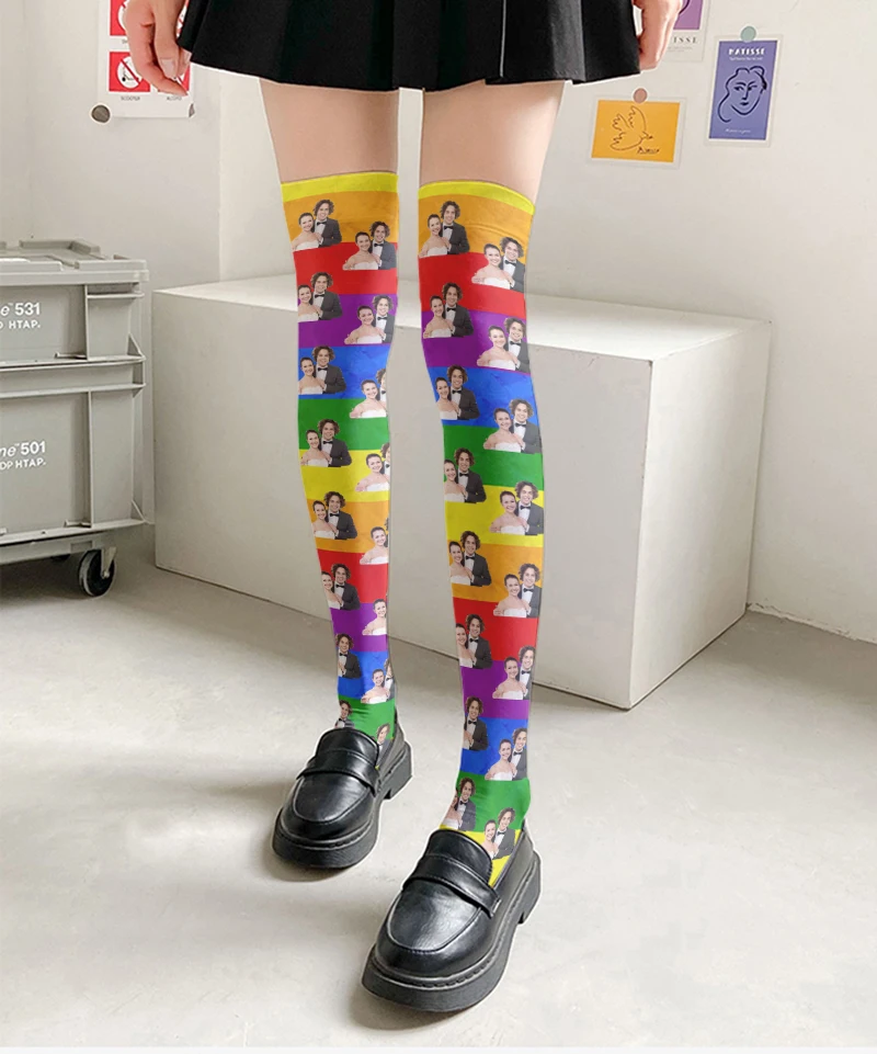 Pink Gradient Rainbow Over-The-Knee Stockings DIY Face Personalized Custom Calf Socks Harajuku Fashion Sexy Women Stockings