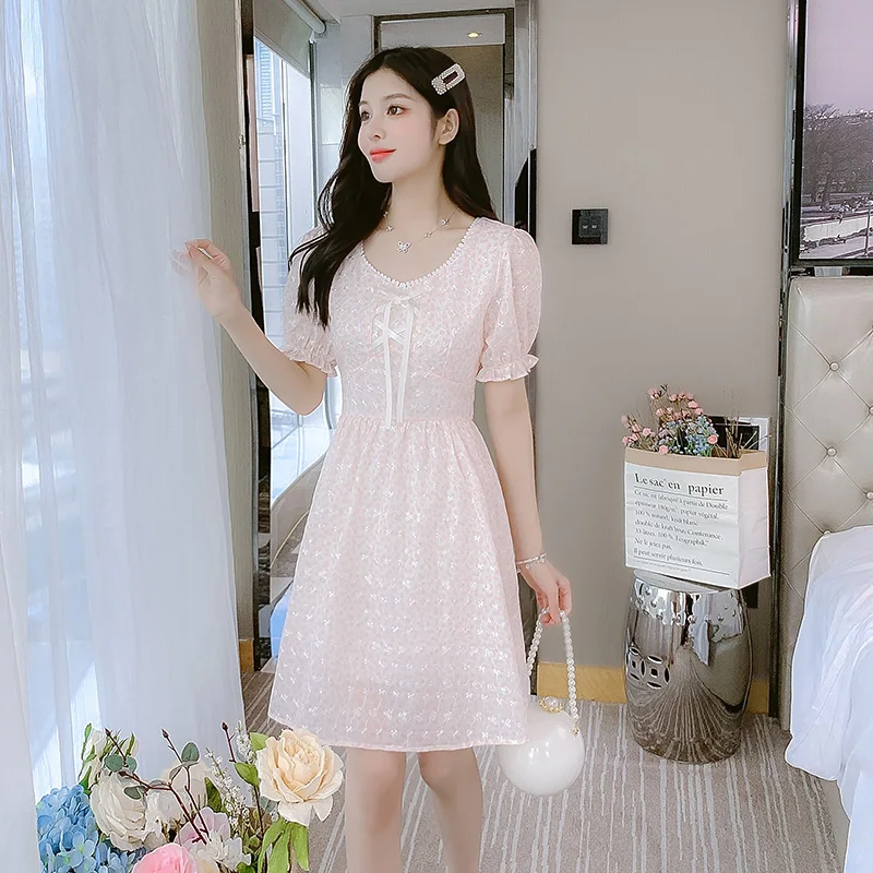 

Long Dress Women Summer 2022 French Style Cute Print Embroidery Chiffon Puff Sleeve High Waist Pink Dresses Dropshipping