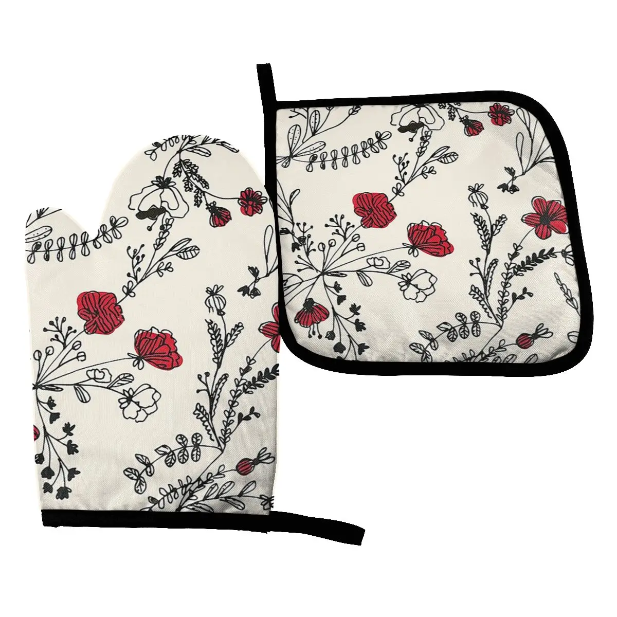 

2PCS/Set Red Flower Floral Botanical Kitchen Gloves Baking Oven Cooking Oven Mitts Polyester Potholder Stove Gloves Microwave