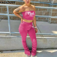 fagadoer sexy sleeveless wrap chest top and stacked pants two piece sets women pink letter print matching outfit streetwear 2022