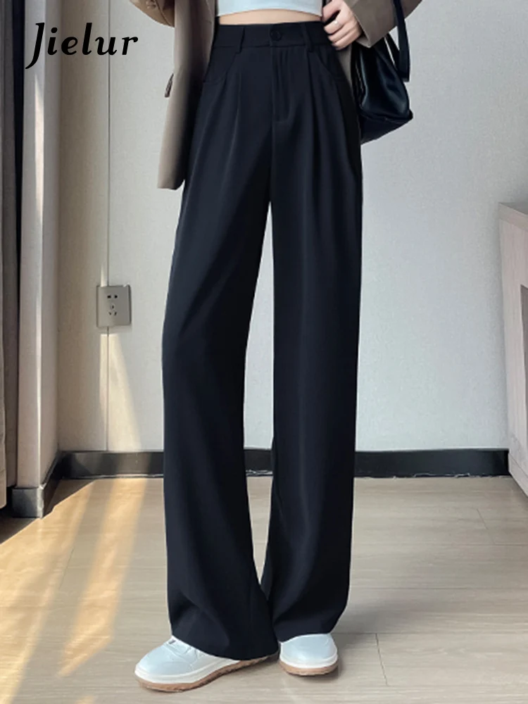

Jielur Прямые свободные женские брюки с высокой талией, широкие брюки, классические модные повседневные офисные женские шикарные однотонные Женские Брюки с карманами