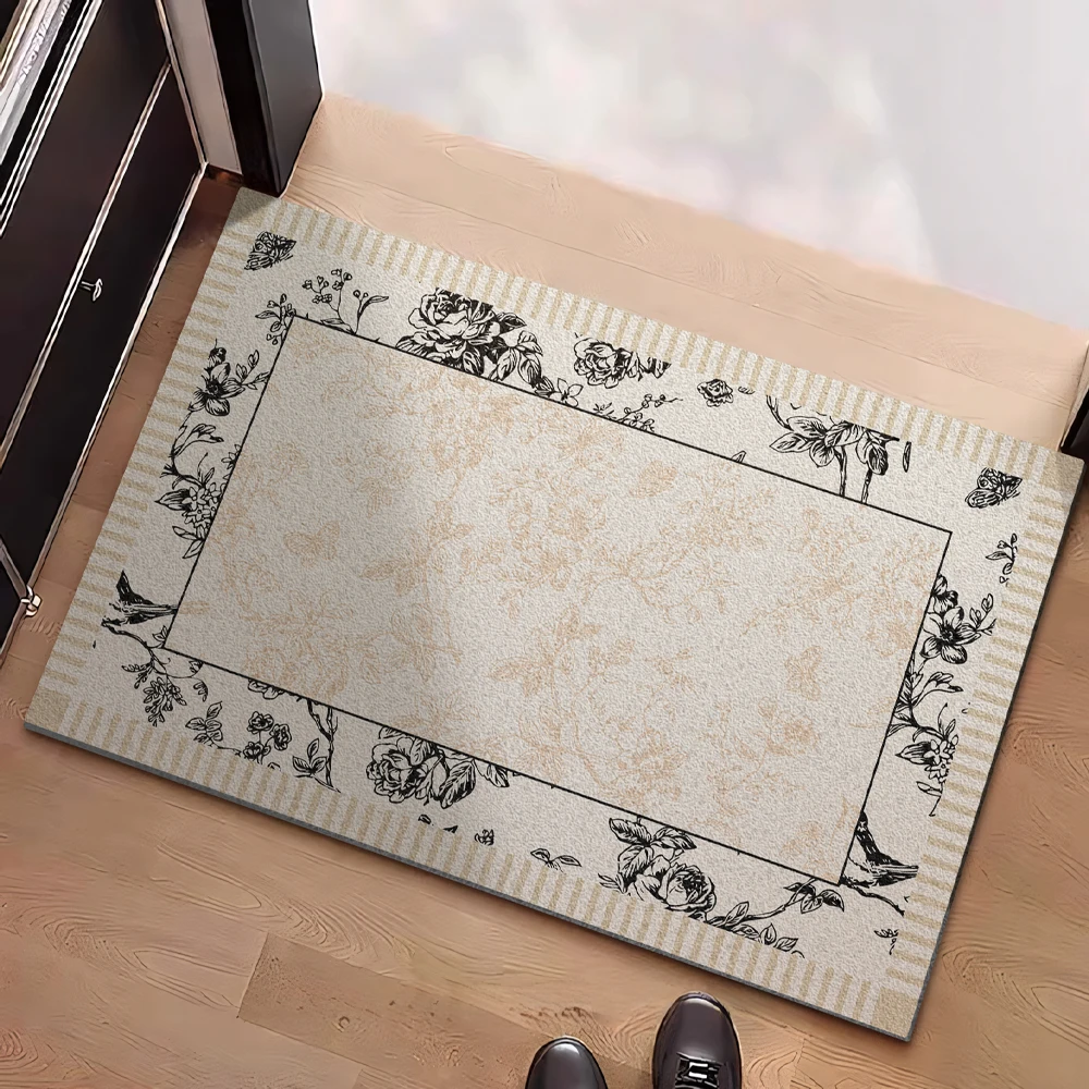 

Винтажный коврик с проволочной петлей с цветочным узором, классический черный и бежевый, нескользящий коврик для входной двери дома, удаляющий пыли
