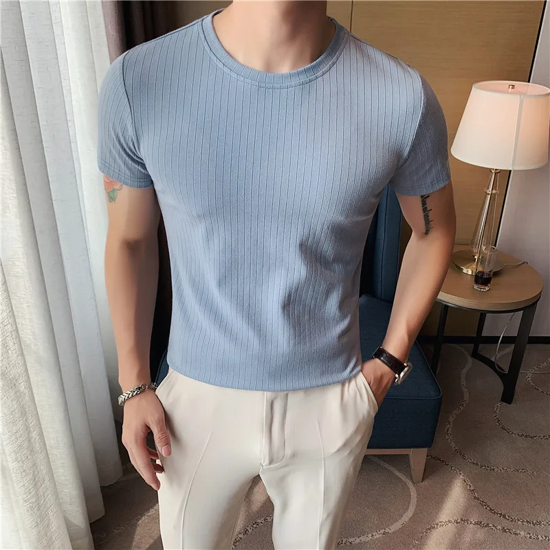 

Men's Summer New Casual Slim Solid Color Striped Knit O-Neck Short Sleeves 6 Colors Optional Stretch Daily Tops for Men