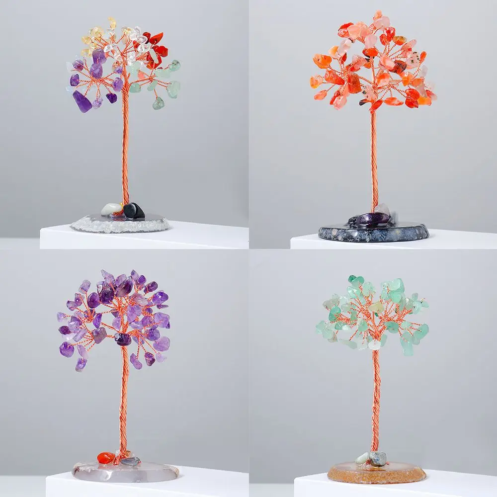 

Home Decor Gemstone Copper Wire Wrapped Agate Slice Base Crystal Money Tree Potted Plants Feng Shui Trees Reiki Chakra