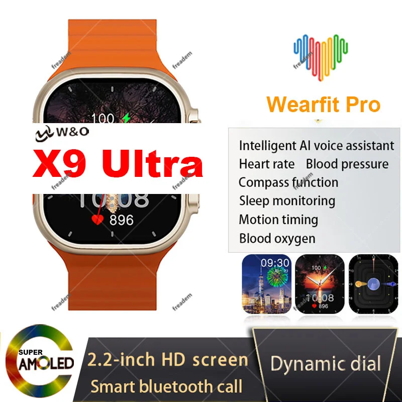 

AMOLED Screen X9 Ultra Smart Watch Men Women 49mm NFC Compass Dynamic Dail Heart Rate Sports Smart Watch PK HK8 Pro Max