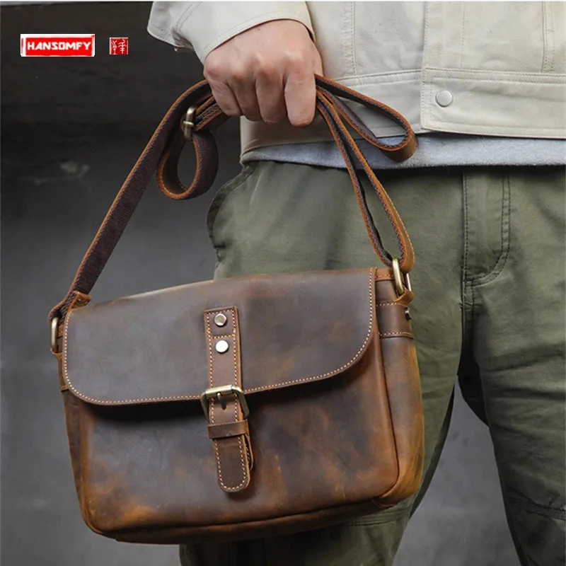 Genuine Leather Men Messenger Bag Crazy Horse First Layer Messenger Bag Cowhide Casual Trend Work Single-Shoulder Bag