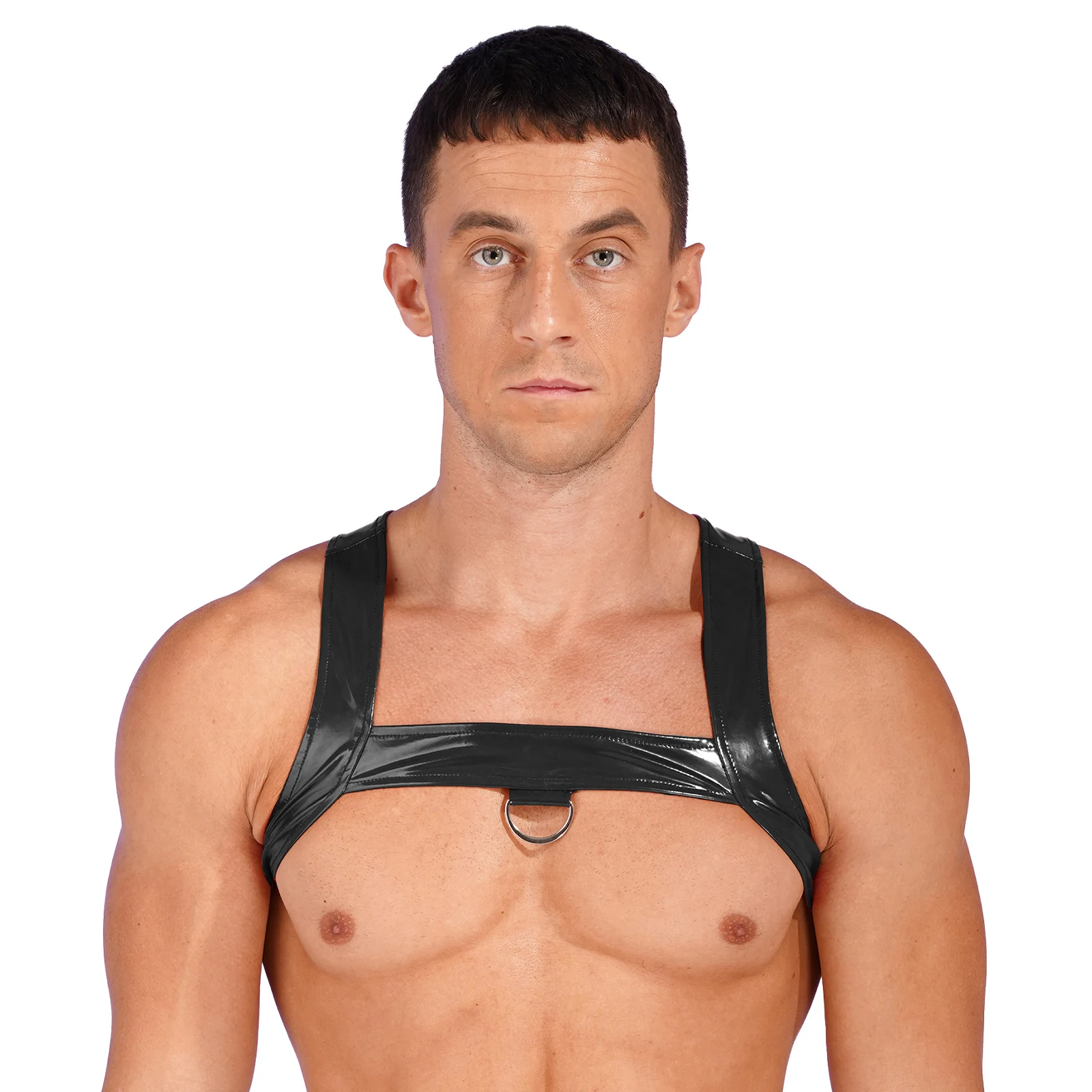 

Mens Patent Leather D-Ring Chest Harness Cropped Tank Tops Fashion Wide Shoulder Straps Vest Top Performance Costume Accessory