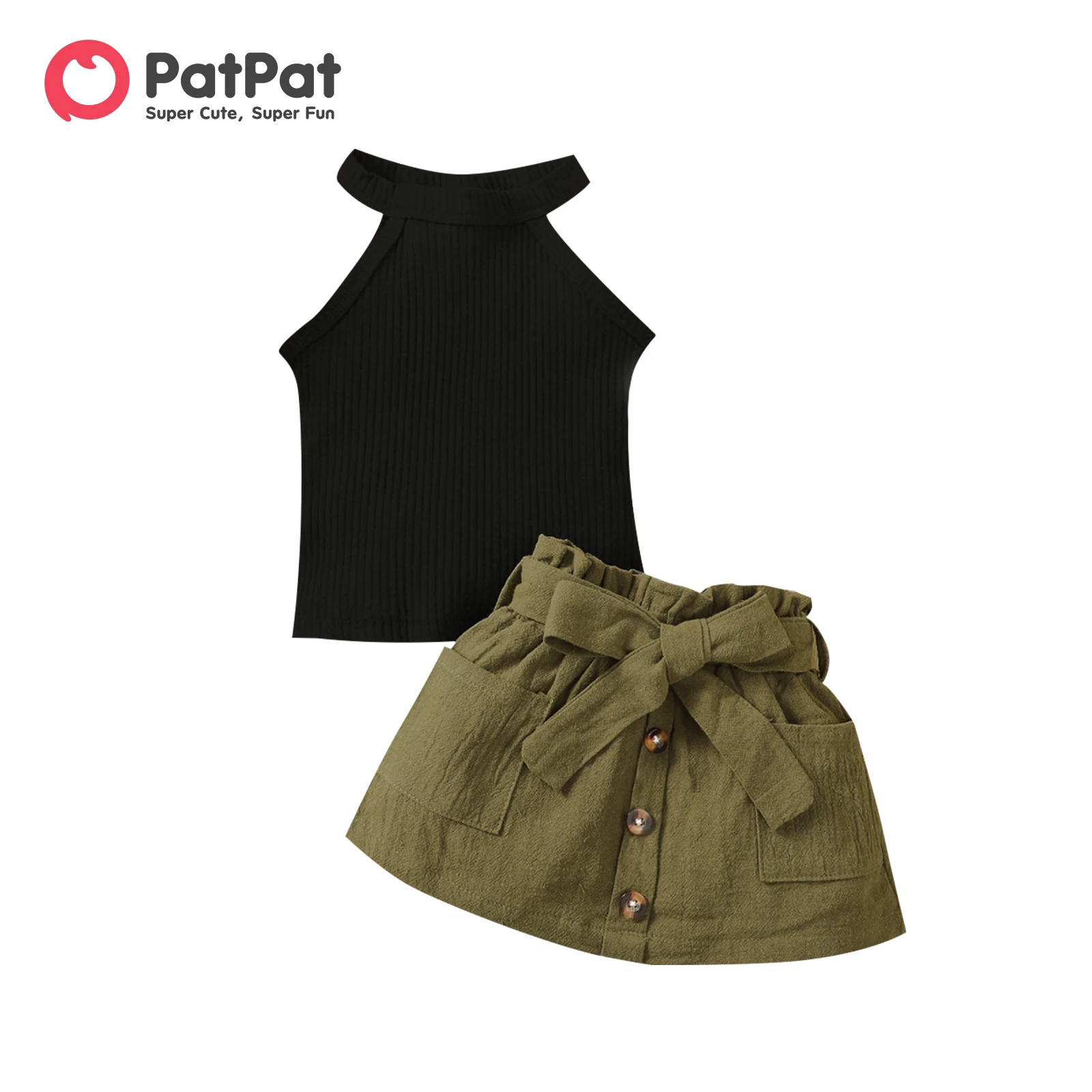

PatPat 2pcs Baby Girl 100% Cotton Belted Skirt and Ribbed Sleeveless Top Set