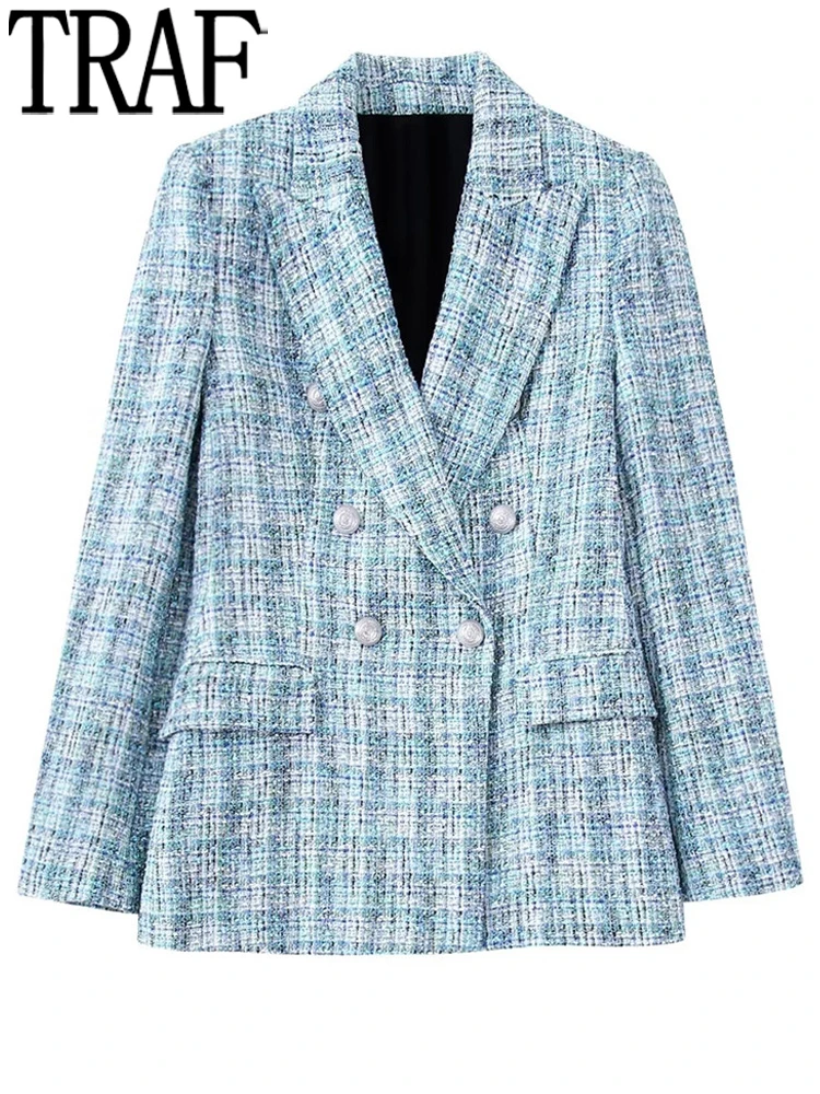

TRAF Blue Plaid Blazer Women Tweed Jacket Woman Double Breasted Women's Blazer Set Autumn Office Wear Elegant Womens Jackets