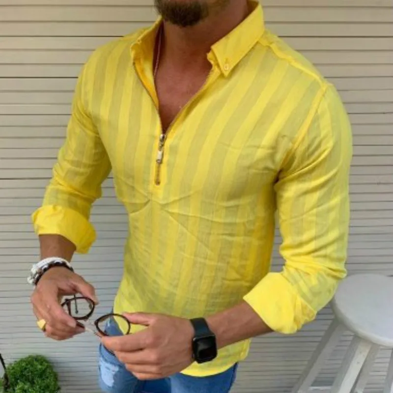 New Men's Long Sleeve Lapel Striped Zip Shirt