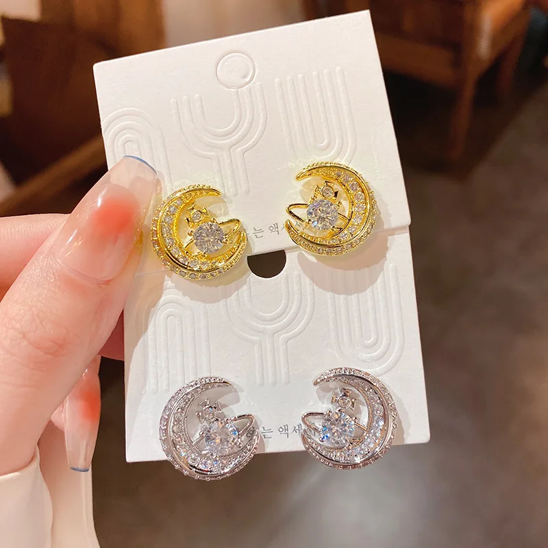 

Real Gold Plated Silver Needle Zircon Moon Earrings Ins Style Sweet Girl Heart Ear Nail Net Red Fashion Niche