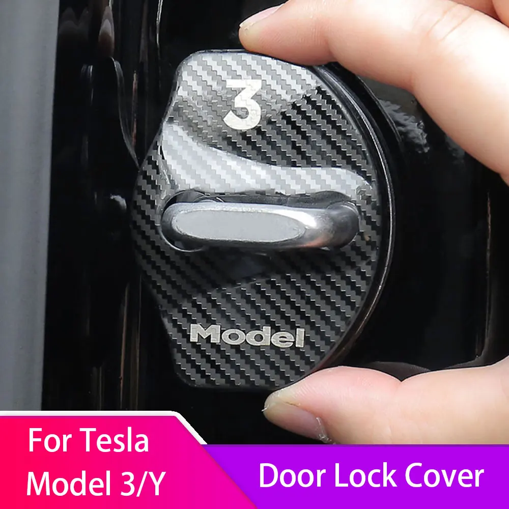 

For Tesla Model 3 Model Y Car Door Lock Buckle Cover Model Three Carbon Fiber Aluminium Alloy Trim 4PCS