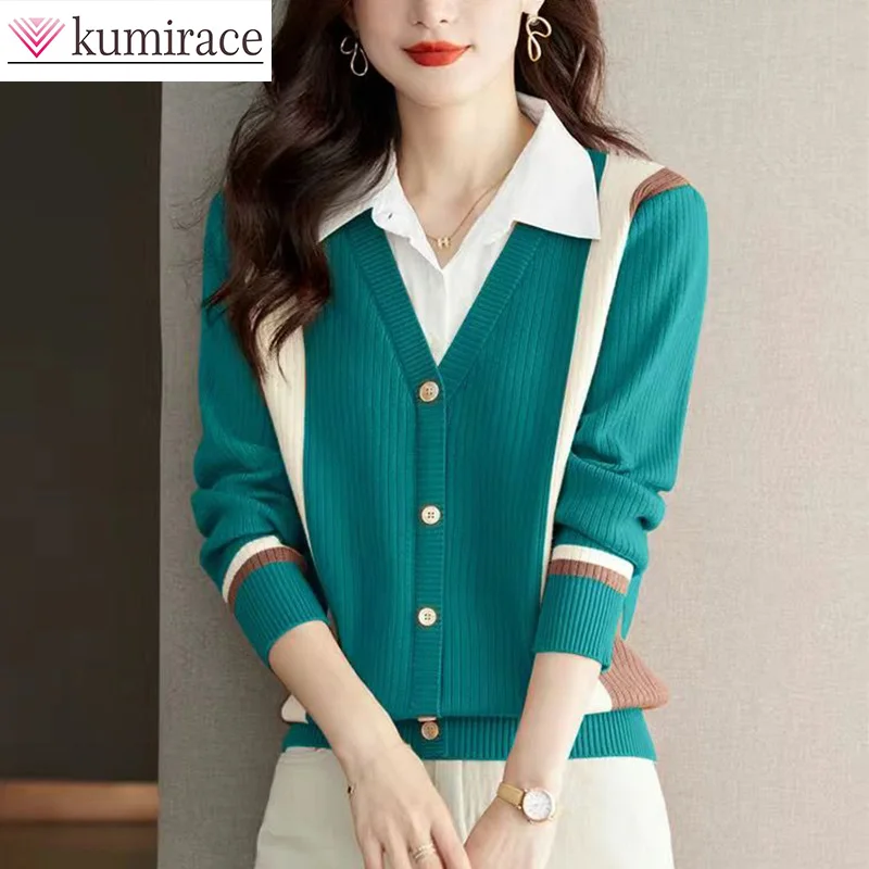 

Shirt Collar Fake Two Piece Knitted Shirt Underlay Fashion Autumn/Winter 2023 New Women's Long Sleeve Sweater Sweaters for Women