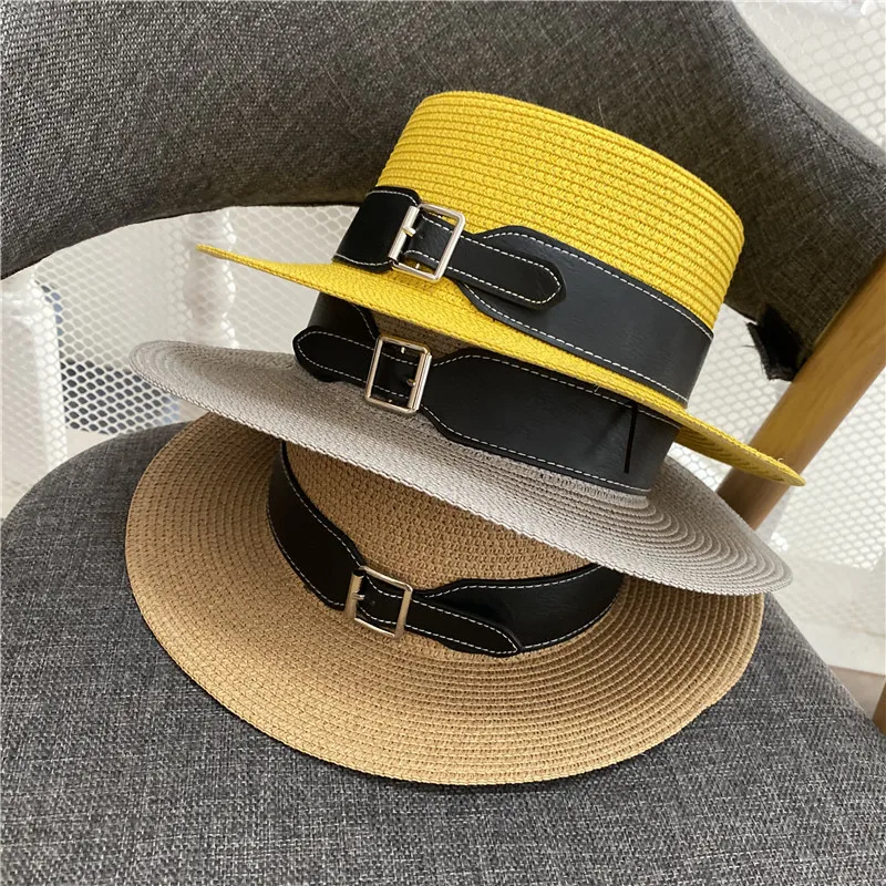 

Metal Belt Buckle Marca Dragon Color Flat Hat Contracted flat-topped Hat Summer Female Sunscreen Hat Fashion Elegant Art Wind Ca