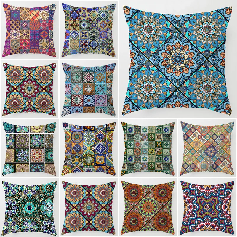 

Искусственный чехол, квадратная наволочка, наволочка для подушки, односторонняя Полиэстеровая Этническая Цветочная наволочка в богемном с...