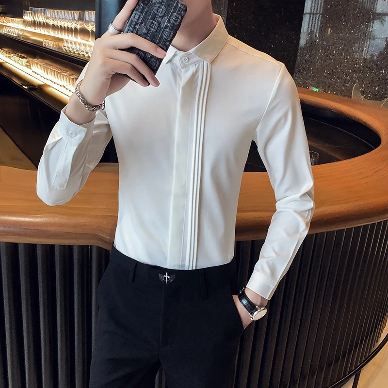 

Men Shirts Trendy British Style Casual Business Tuxedo Slim Fit Long Sleeves Simple Front Folds Design Dress Blouse Ropa Hombre