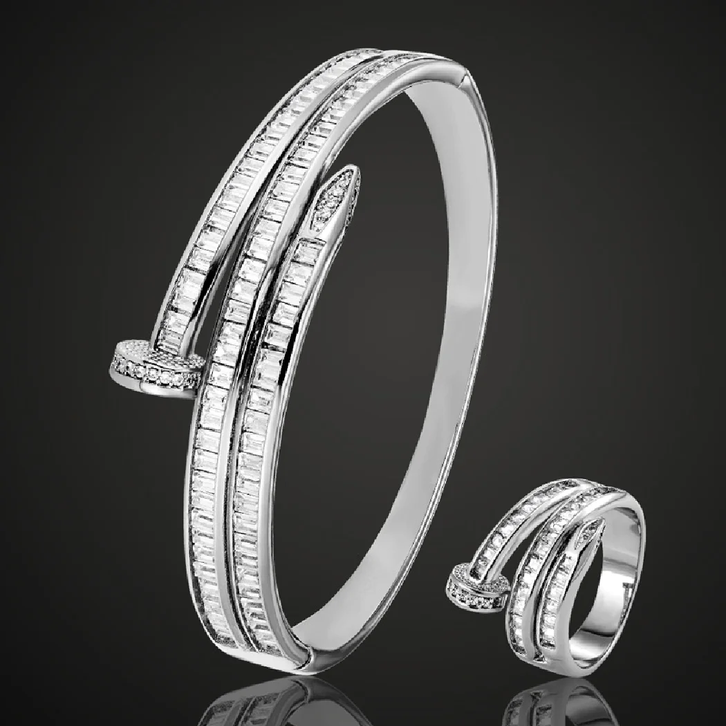 

Trendy women size T cubic Zircon nail bangle Ring Wedding jewelry sets metal copper micro pave setting bracelet free one mask