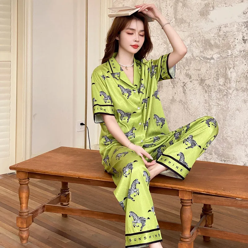 2023 Summer New Ice Silk Pajamas Women's Spring and Autumn Thin Short Sleeve Pants Set Cartoon Print Home Furnishing