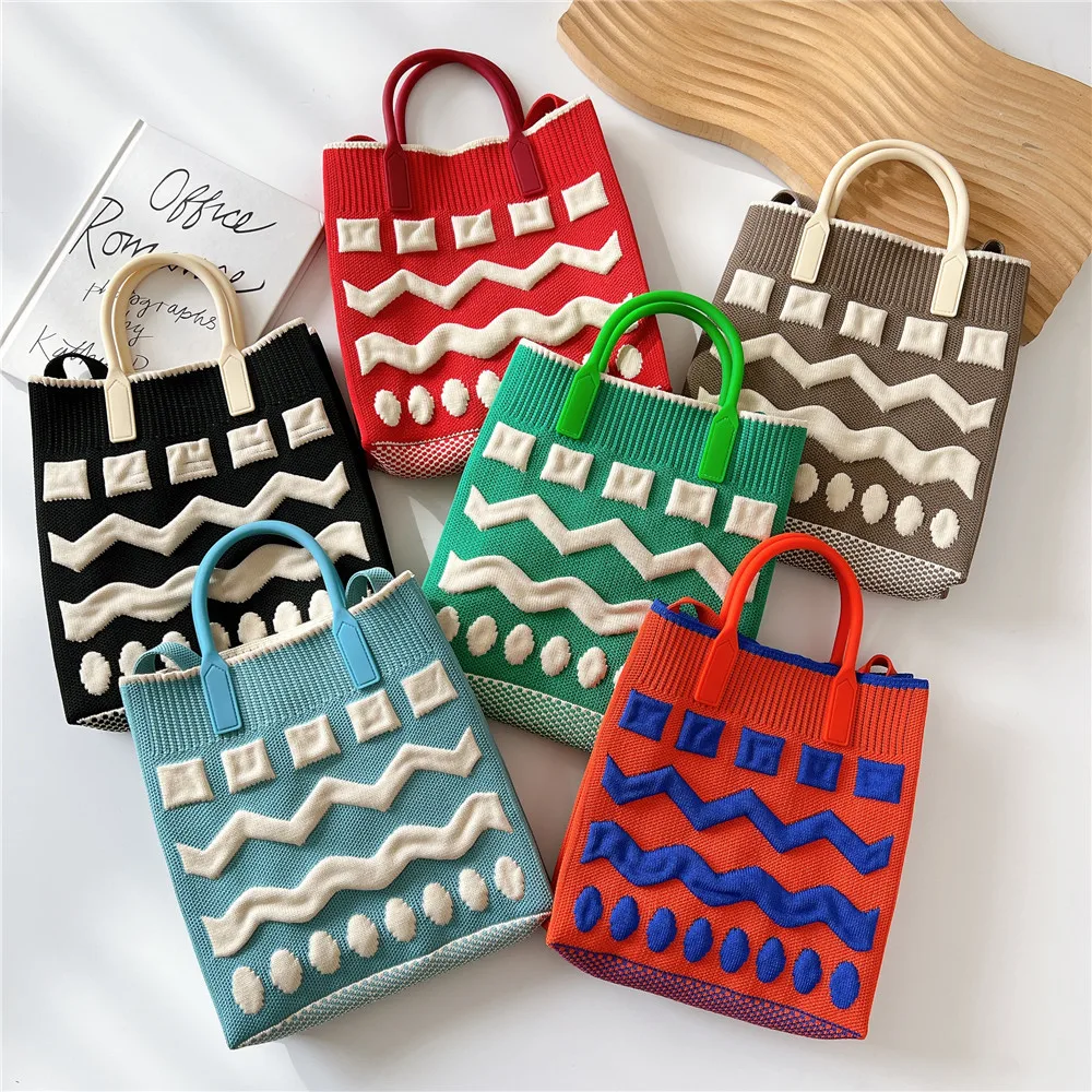 

Handmade Knit Handbag Women Knot Wrist Bag Japanese Casual Color Wide Stripe Plaid Tote Bag Student Reusable Shopping Bags