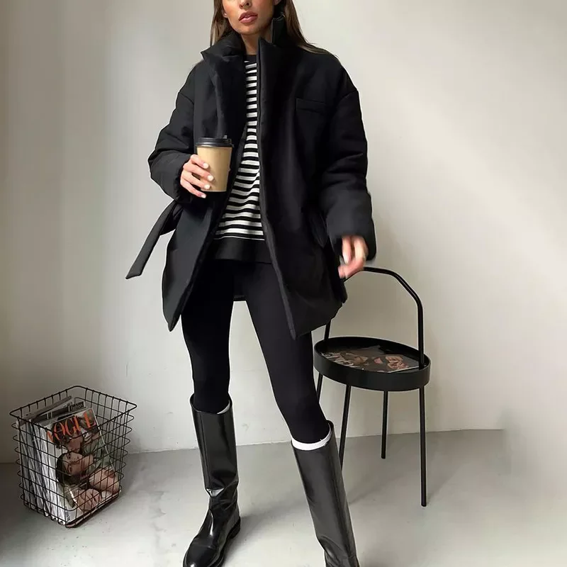 2022New Casual Notched Parkas Women Fashion Tie Belt Solid Black Coats Women Elegant Single Breasted Cotton Jackets Female Ladie