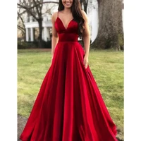charming sexy red evening dress a line v neck high spilt spaghetti strap long backless party banquet wedding gown robe de soiree