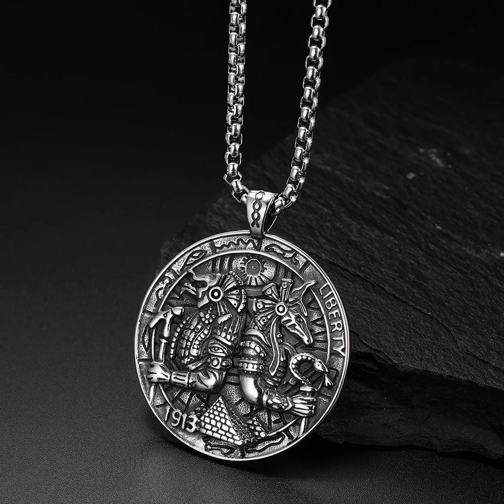 

Vintage Egyptian Patron Anubis Pendant Necklace For Men Stainless Steel Egyptian Pyramid Amulet Necklace Rider Jewelry Gift
