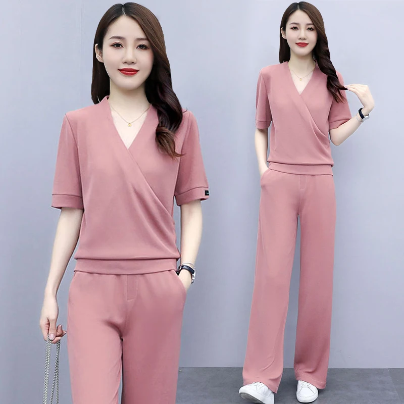 

Solid Color 2 Piece Set Women Summer Wide-leg Pants 2022 New V Neck Short Sleeved Loose Sets Ladies Casual Clothes Blue Pink