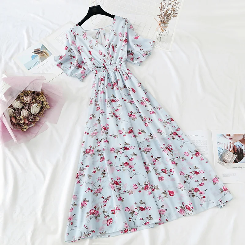 

2022 Women Summer V Neck Floral Print Chiffon Dress High Waist Short sleeve Ruffle Vestido Female Sexy Backless Beach Long Dress