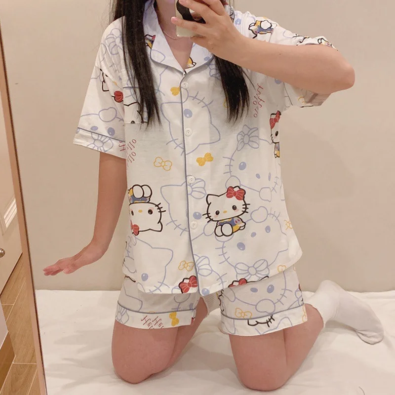 

Kawaii Hellokittys Summer Pajamas Pure Cotton Girls Home Service Anime Sanrio Cartoon KT Cat Short-sleeved Shorts Suit Students