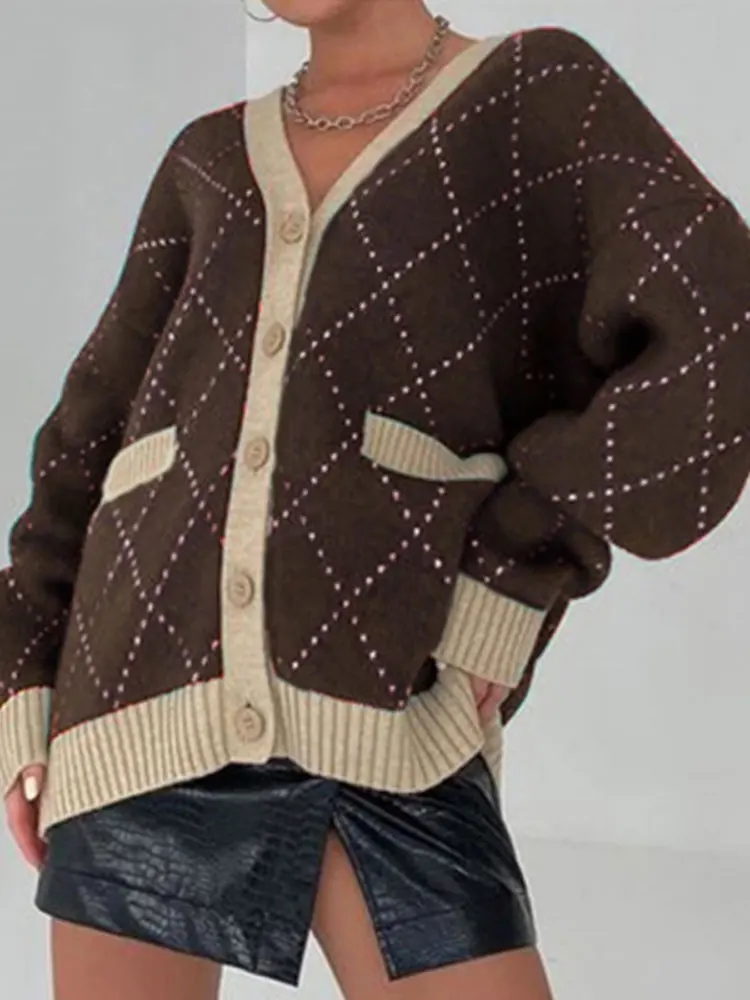 Свободный зеленый кардиган Y2K женский свитер с V-образным вырезом вязаные