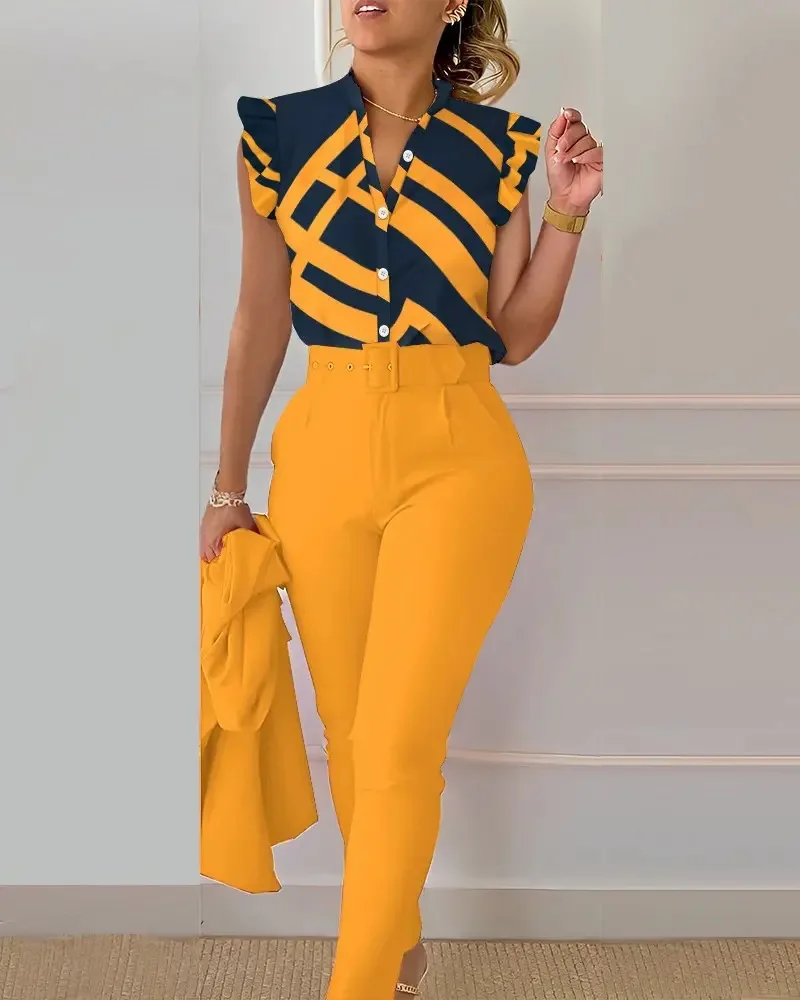 

Женский офисный костюм из двух предметов, элегантная рубашка с коротким рукавом и V-образным вырезом и брюки с цветочным принтом и оборками, 2023