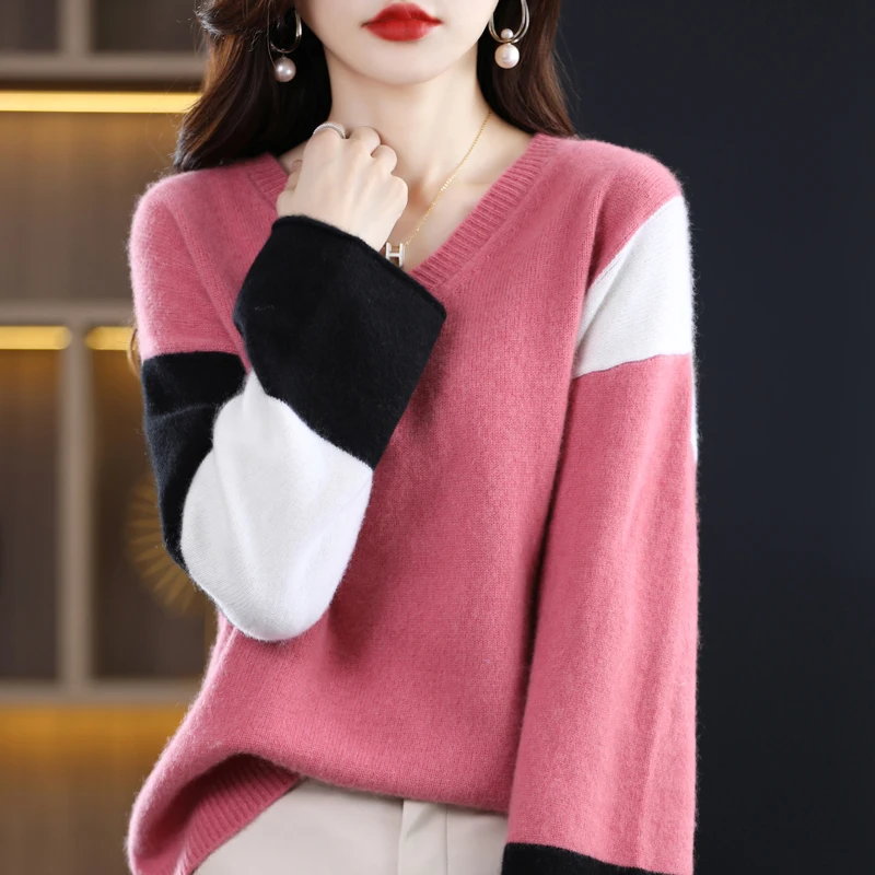 Cashmere Sweater Women's V-neck Colorblock Top 100% Merino Wool Casual Knitting Fashion Loose Pullover Autumn Winter Thicken