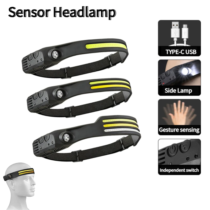 

Sensor Headlamp LED Induction Headlight USB Rechargable Head Torch Work Light With Built-in Battery Camping Search Light