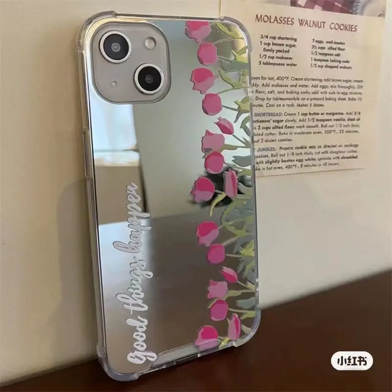 

Милый романтический зеркальный чехол с тюльпаном Ins для телефона iPhone 12 13 Pro Max 11 Pro X XR XS Max 8 7 Plus, мягкий силиконовый чехол-накладка