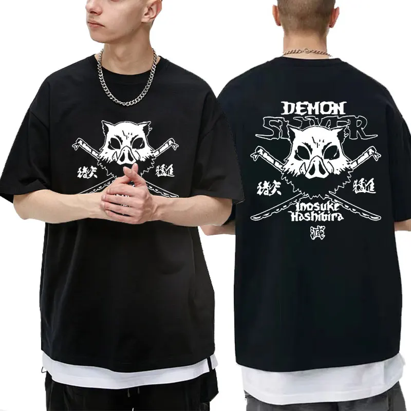 

Anime Demon Slayer Tees Hashibira Inosuke The Boar Face Graphic Print T-shirt Men's Funny Manga Tees Unisex Loose Cotton Tshirt